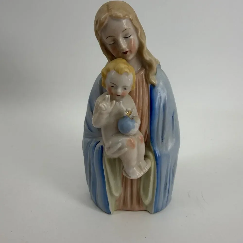 Vintage MCM Madonna Jesus Figurine Porcelain Glazed Catholic Blue Orb 50s 60s
